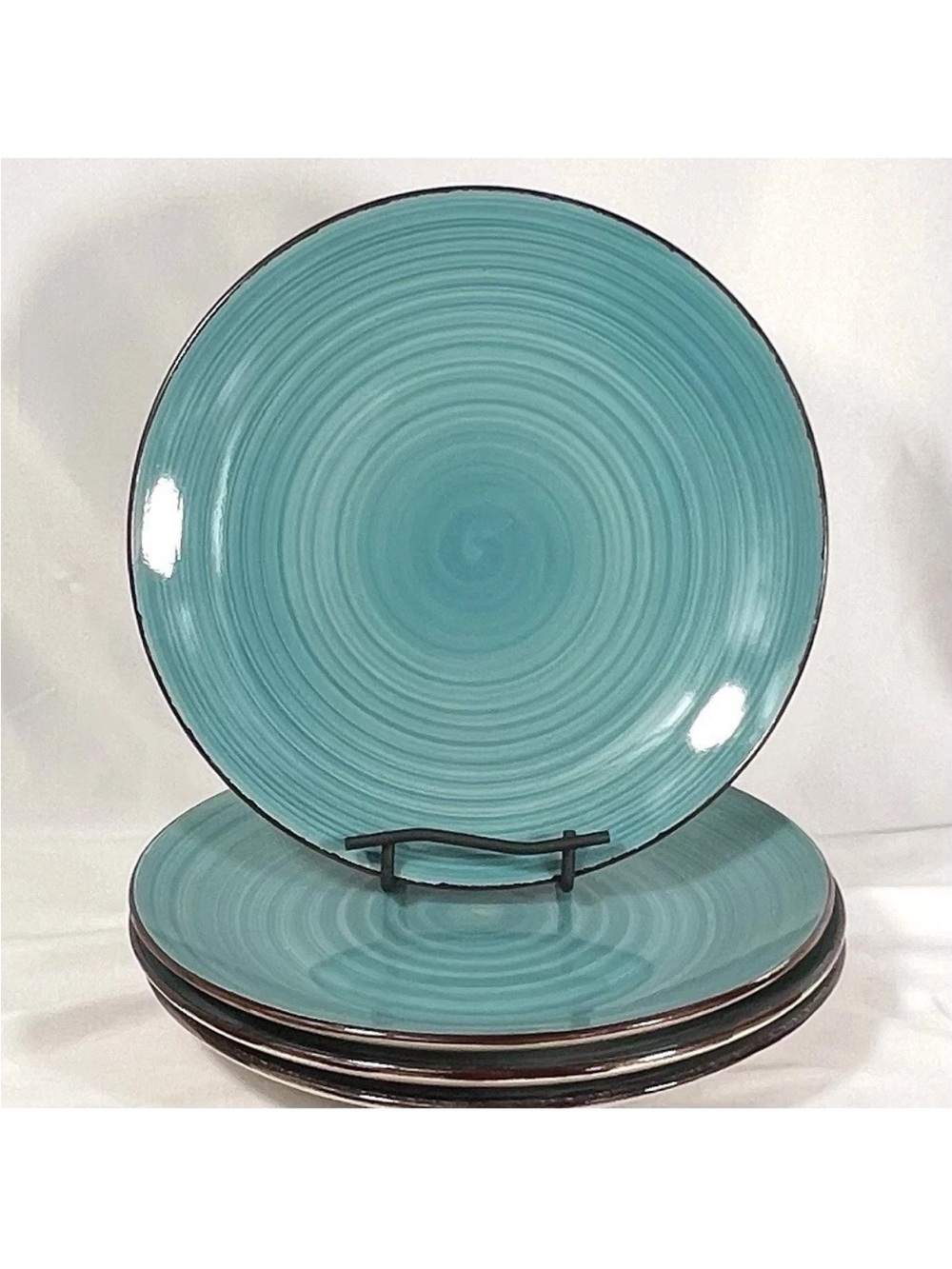 Royal Norfolk Teal Ceramic Dinner Plates with Dark Rim - Set of 4